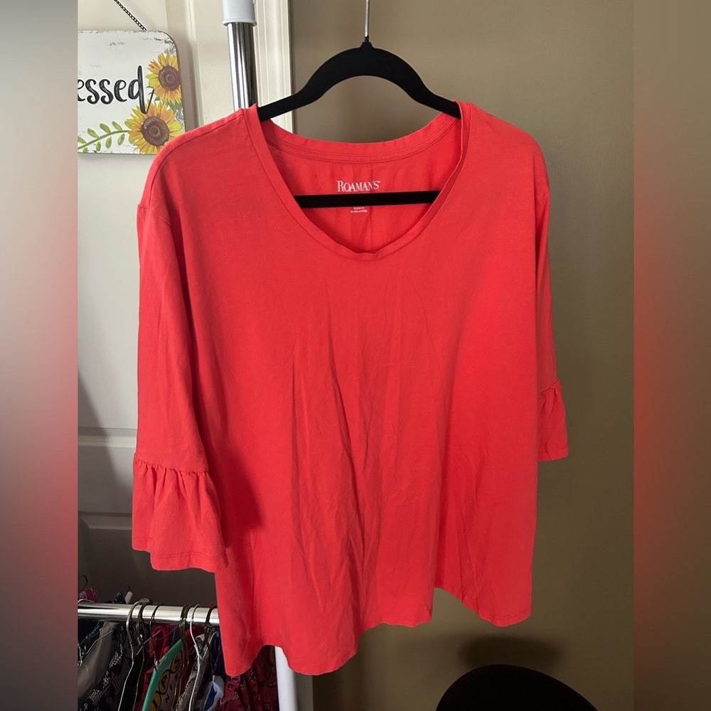 Roaman's Pink and Red Asymmetrical Ruffled Blouse